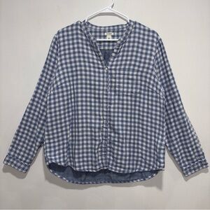 LL Bean Women’s Sz L Blue Plaid Double Cloth  Gingham Button Down Shirt Cotton